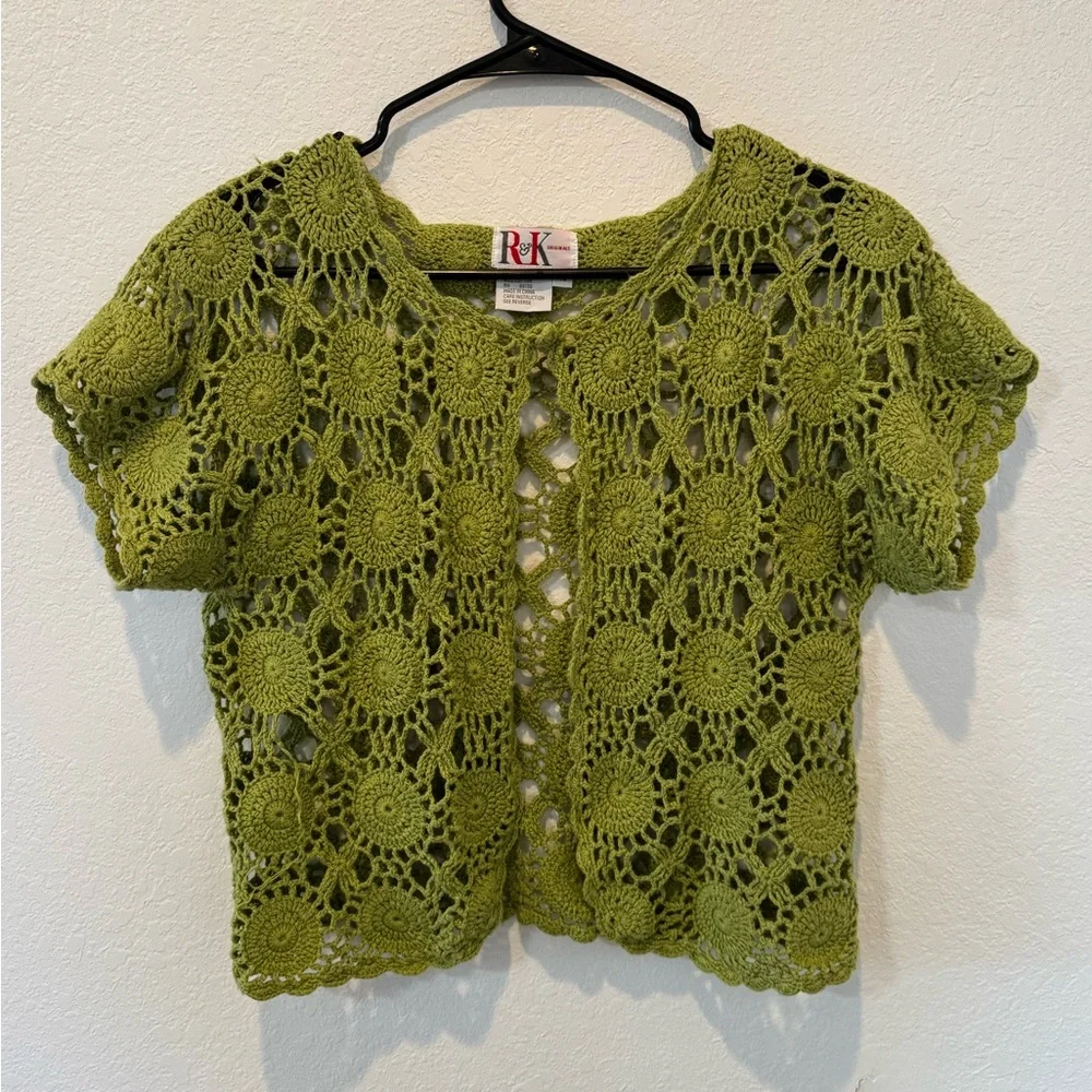 Vintage 90s Boho Crochet Olive Green Open Knit Top - Picture 1 of 7